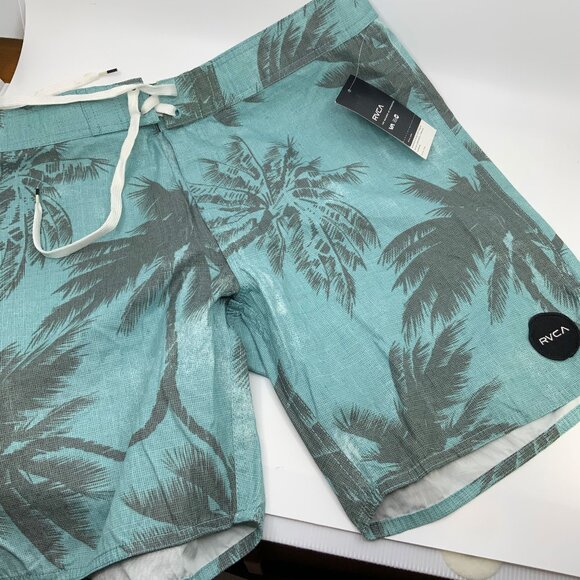 🏄‍♂️ NWT RVCA Men's Board Shorts - Size 32 - Aqua, Grey Palm Tree Print - Picture 1 of 4